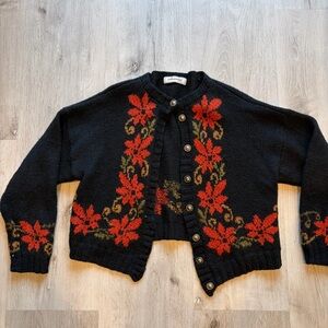 Eskandar Black Cardigan with Red Floral Design